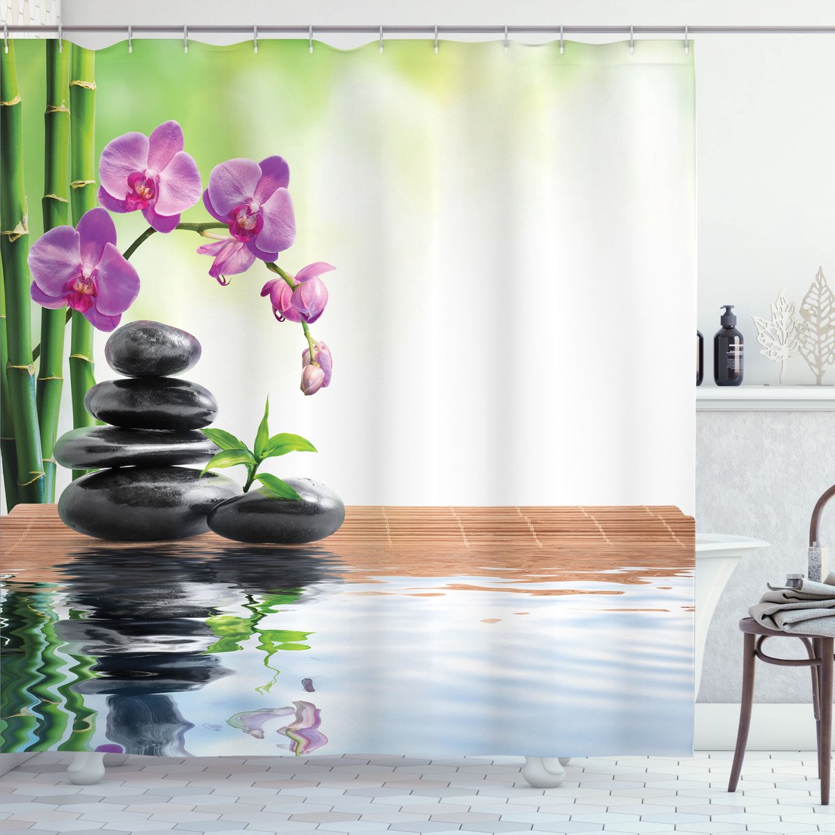 New Bed, Douchegordijn Spa Wellness Orchidee Zen Natuur Bamboe, Badkamer Decor Set met Haakjes 180 cm B 200 cm L