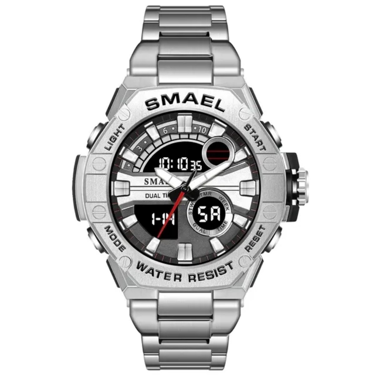 Heren Horloge Metaal RVS | Vouw | Vlinder sluiting | Mineraalglas - Staal - Zilverkleurig - 46 mm dia meter - Quartz + Electrons| Analoog | Digitaal | Smael 8090 | Waterdicht |Glow in dark | Limited Edition | Metaal RVS band |Timer|Agenda| Eyecatcher