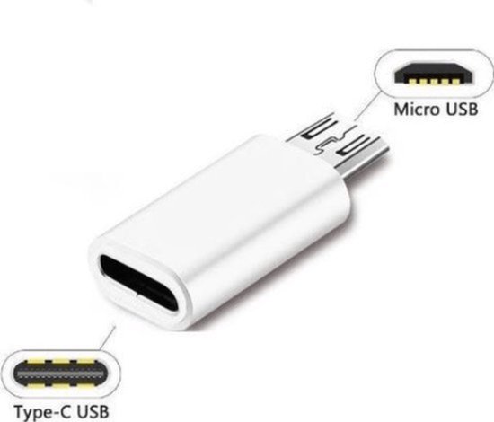 Witte adapter met micro-USB connector en USB-C poort. Toont micro-USB en Type-C USB aansluitingen.