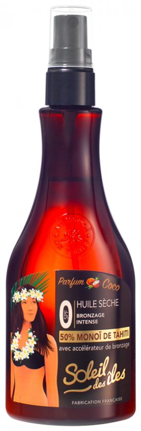 Bruine sprayfles met zwarte dop. Het etiket toont een vrouw met bloemenkrans, tekst 'Parfum Coco', 'HUILE SECHE BRONZAGE INTENSE', '50% MONOÏ DE TAHITI' en 'Soleil des îles'.