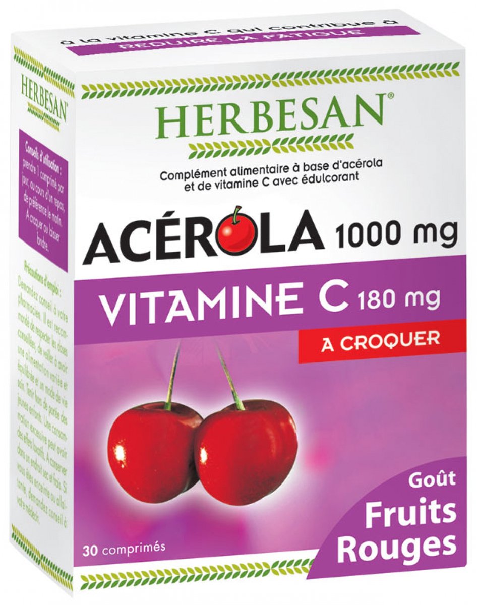 Herbesan Acerola 1000 mg Vitamine C 180 mg 30 Kauwtabletten (Aroma : Rood fruit)