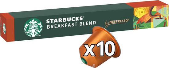 Boîte de capsules de café Starbucks Breakfast Blend 'by Nespresso' avec une capsule de café orange ouverte avec 'x10'.