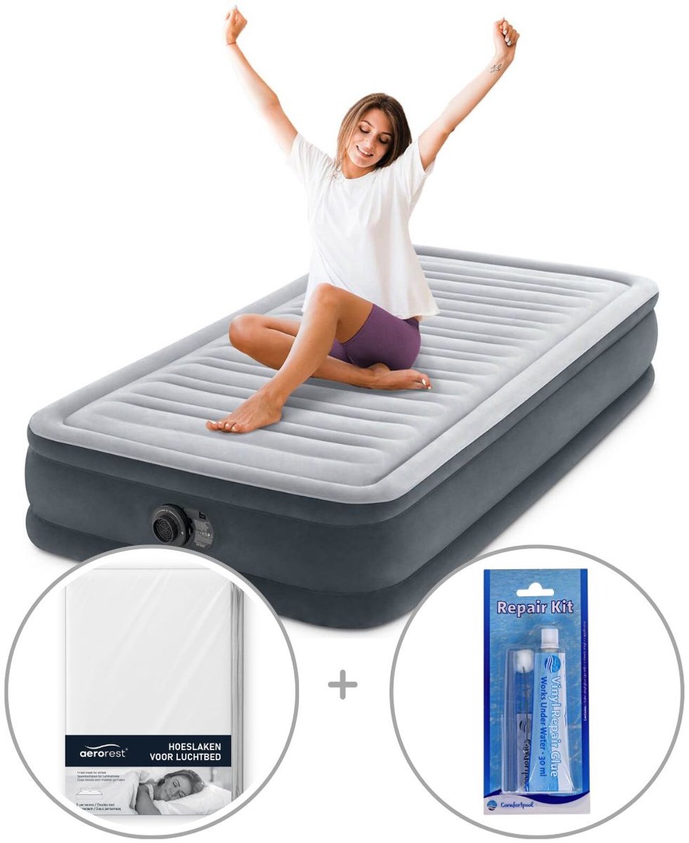 Intex Comfort Plush luchtbed met ingebouwde pomp | Eenpersoons | 191 x 99 x 33 cm | Inclusief bijpassend hoeslaken + reparatiekit