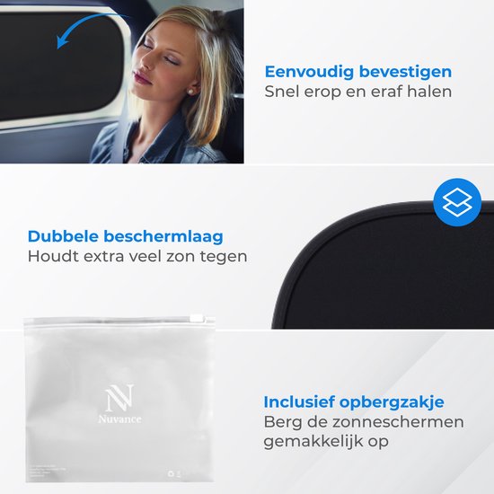 Nuvance - Zonnescherm Auto Baby - 2 Stuks - met UV Protectie voor Baby en Kind - Zonwering Zijruiten - Zelfklevend - One Size - Zwart van Nuvance — afbeelding 3