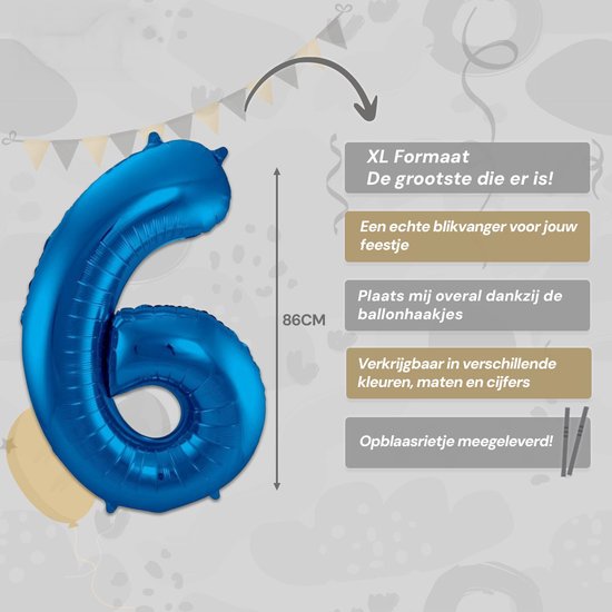 LUQ - Ballons Chiffrés - Ballon Chiffré 6 Ans - Couleur Blauw - XL Groot - Ballon à Hélium - Décoration Anniversaire