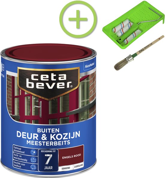CetaBever - CetaBever - Pakket - Buiten Deur & Kozijn Beits - Zijdeglans - Engels Rood - 750ML + Beitsset