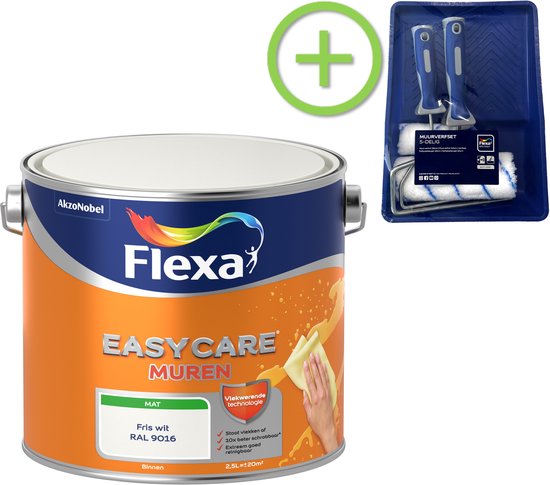 Flexa - Pakket - Easycare Muurverf Mat - Muren - RAL 9016 - Verkeerwit - 2.5 Liter + Muurverfroller