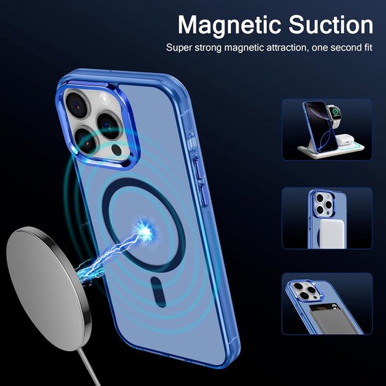 Doorzichtige blauwe telefoonhoes met blauwe rand, toont magnetische oplaadfunctie.