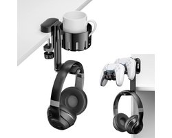 StayPowered Headset & Controller Houder - Perfect voor gaming setups - 3-in-1 design voor headset en controllers - Vervangbare bekerhouder - Krasbestendig - 360° Draaibaar - Eenvoudig te bevestigen - Zwart - Levering Sneller dan Aangegeven!