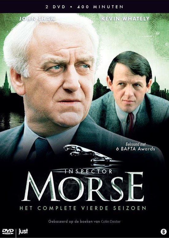 DVD-hoes "Inspector Morse: Het Complete Vierde Seizoen". Twee mannen, John Thaw en Kevin Whately, met Jaguar-logo en stad op achtergrond.