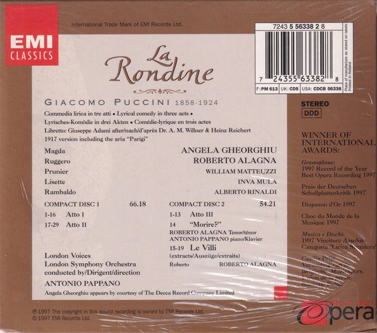 De achterkant van de cd-hoes met tracklijsten en informatie over de opname, inclusief de titel 'Puccini La Rondine'.