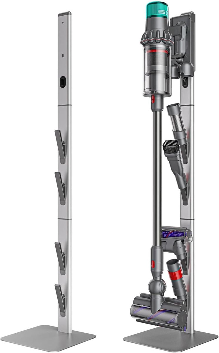 LotaHome - Vloerstandaard voor Steelstofzuiger – Oplaadstation - Stofzuigerstandaard voor Dyson – Stabiele Metalen Vloersteun voor Stofzuiger – Ruimte voor Draadloze Stofzuigeropzetstukken en Accessoires – Dyson Handheld – Ophangsysteem - Zilver