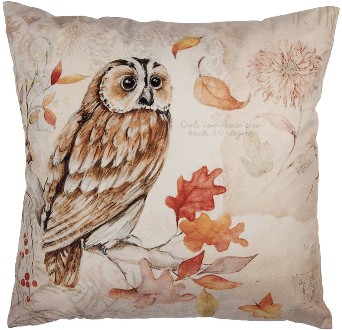 Clayre & Eef Kussenhoes Overig 45x45 cm Beige Polyester Uil Herfst decoratie