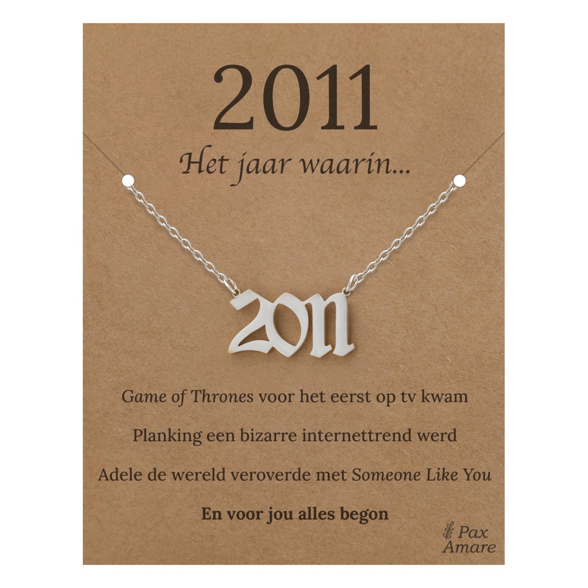 Jaartal 2011 Ketting op Cadeau Kaartje - Zilverkleurig Stainless Steel - 45cm - Met informatie over geboortejaar - Pax Amare