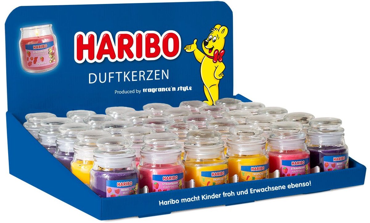 Haribo kaarsen tray display 30x85 gram ( 6x cherrycola, 6x aardbei, 6x cocos, 6x berrymix, 6x tropical)