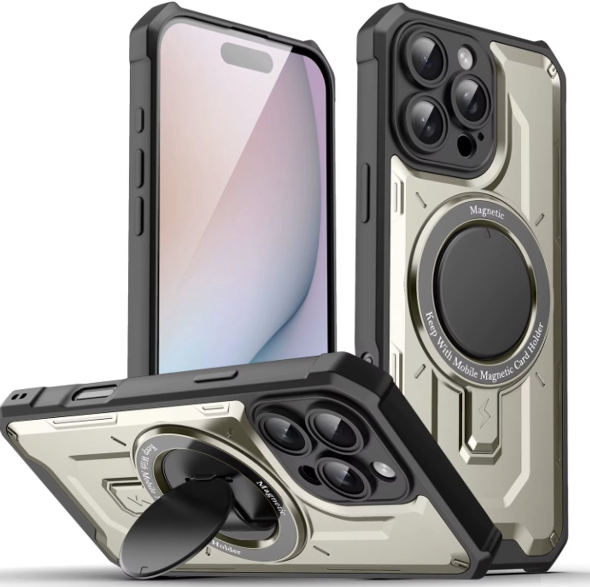 iPhone 15 Pro Hoesje met Magneetring & Kickstand – Valbestendig en Functioneel - Titanium