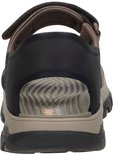 Achterkant van een bruine Skechers-sandaal met klittenbandsluiting en verstevigde hiel.