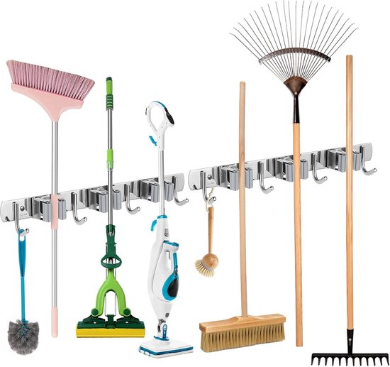 FAOKZE Wandgereedschapshouder, wandhouder, 10 stuks bezemhouder, wandbezemhouder, dweilhouder, tuingereedschapshouder van roestvrij staal, voor het opbergen van tuingereedschap