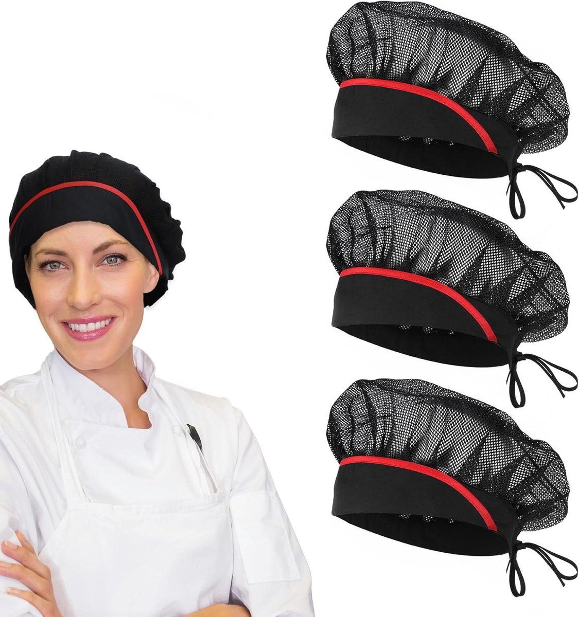 Image of 3 stuks elastische chef-koksmutsen voor vrouwen foodservice haarnetten mesh pet verstelbaar wasbaar - zwart