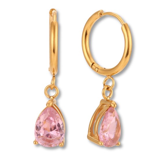 Marama - Oorbellen Esmee Roze - damesoorbellen - stainless steel gold plated - 18k goud - oorbellen - kliksluiting - roze zirkonia - gouden hoops