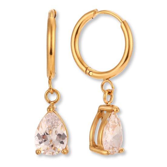 Marama - Oorbellen Esmee Transparant - damesoorbellen - stainless steel gold plated - 18k goud - oorbellen - kliksluiting - transparante zirkonia - gouden hoops