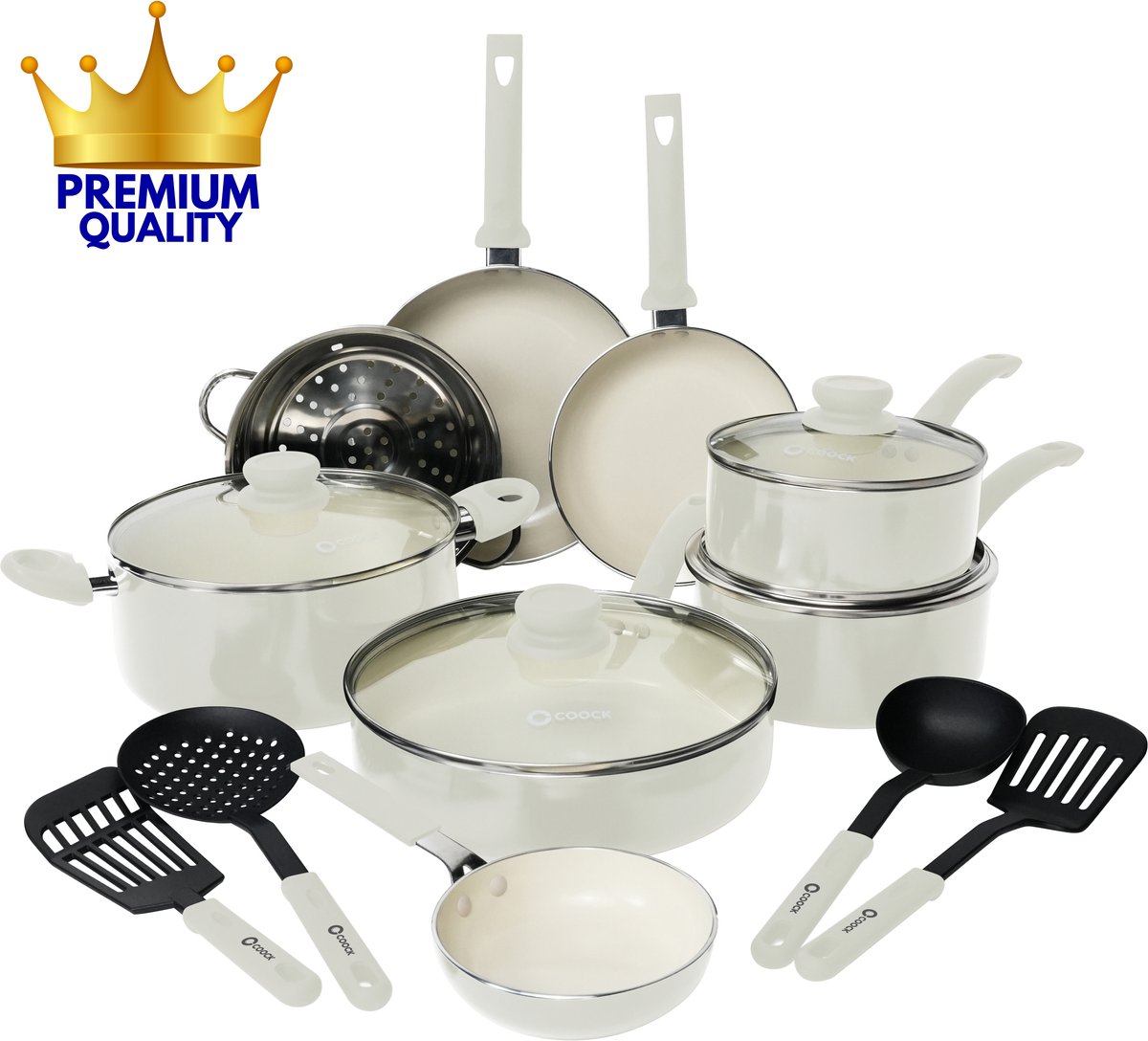 COOCK 19-Delige Pannenset - Speciale Anti-Aanbak Coating - Ergonomische Koudgrepen - Gerecycled Aluminium - koekenpannenset - kookpottenset - Wit - Inclusief Onderzetters en E-book