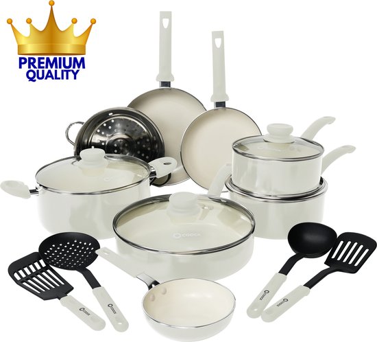 COOCK 19-Delige Pannenset Inductie - Speciale Anti-Aanbak Coating - Ergonomische Koudgrepen - Gerecycled Aluminium - koekenpannenset - kookpottenset - Wit - Inclusief Onderzetters en E-book