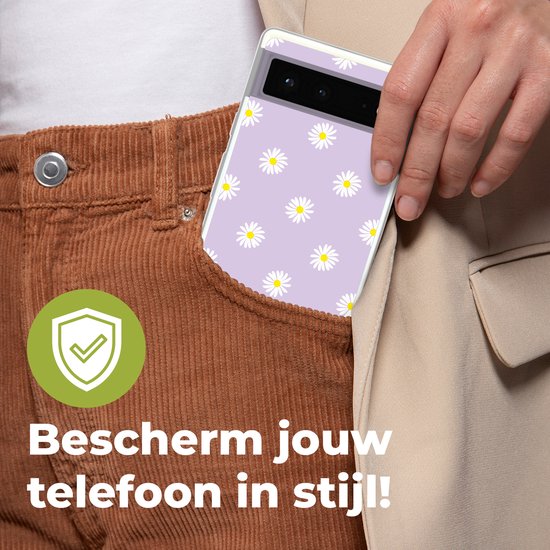 Coque de téléphone compatible avec Google Pixel 6 - Marguerites - Pastel - Wit - Violet - Fleurs - Coque en Siliconen