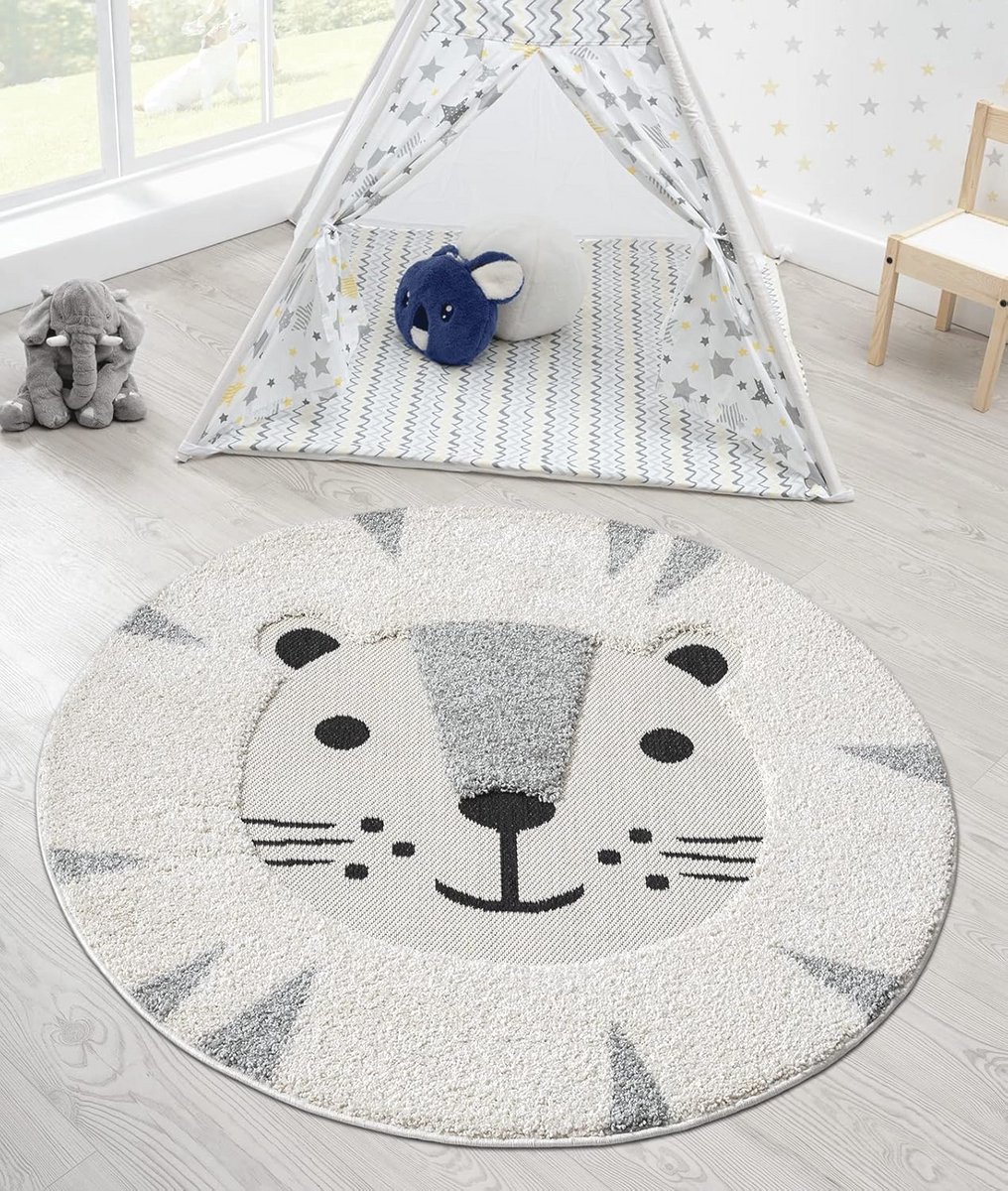 Zacht Kinder Tapijt met Dierenmotief - Rond, Crème, Onderhoudsarm en 3D-Look - 80 cm