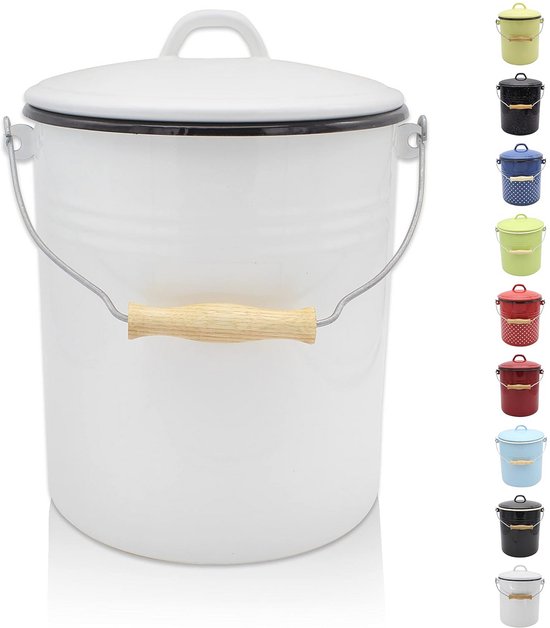 KRÜGER Vuilnisemmer met deksel, stalen afvalemmer met emaille coating en houten handvat, snij- en krasbestendig oppervlak, duurzaam en veelzijdig inzetbaar (3 liter, rood