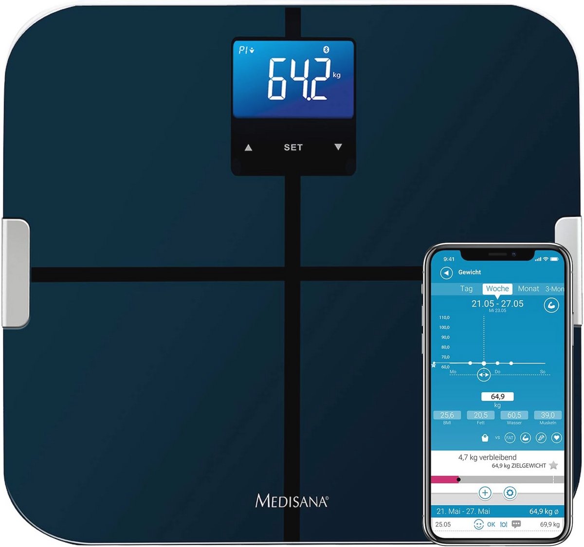 Digitale Lichaamsanalyse Weegschaal met App - 180 kg Capaciteit, Metingen van Lichaamsvet, Lichaamswater, Spiermassa en Botgewicht