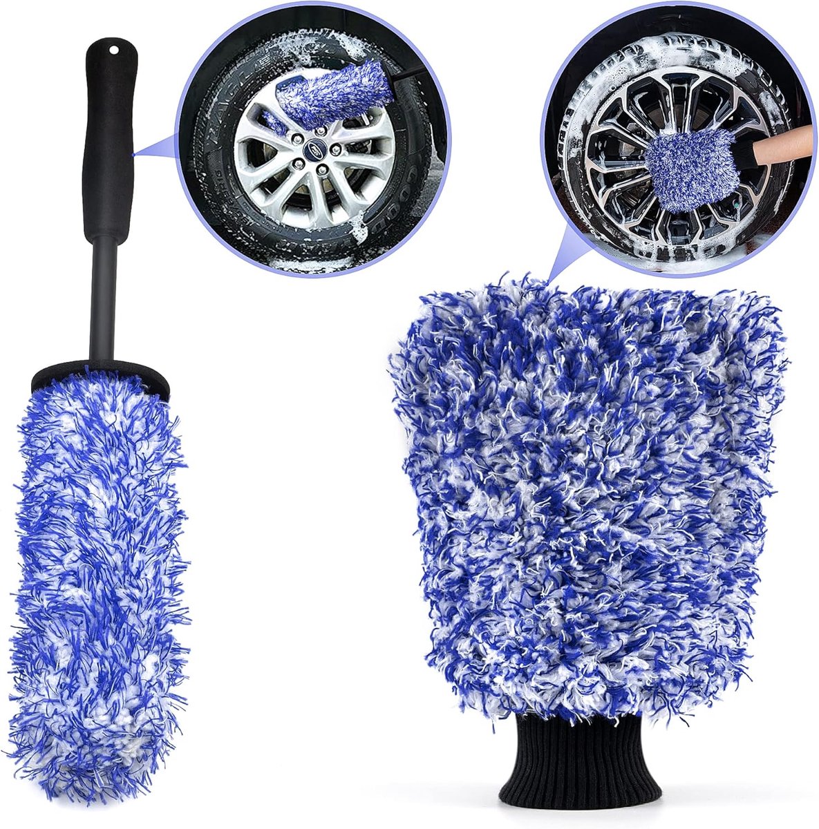 Wielborstel Microvezel Washandschoen Autoreinigingsset, Microvezel Velgenborstel Verwijdert Moeiteloos Hardnekkig Vuil, Aluminium Velgen Borstelreiniging voor Alle Velgentypen