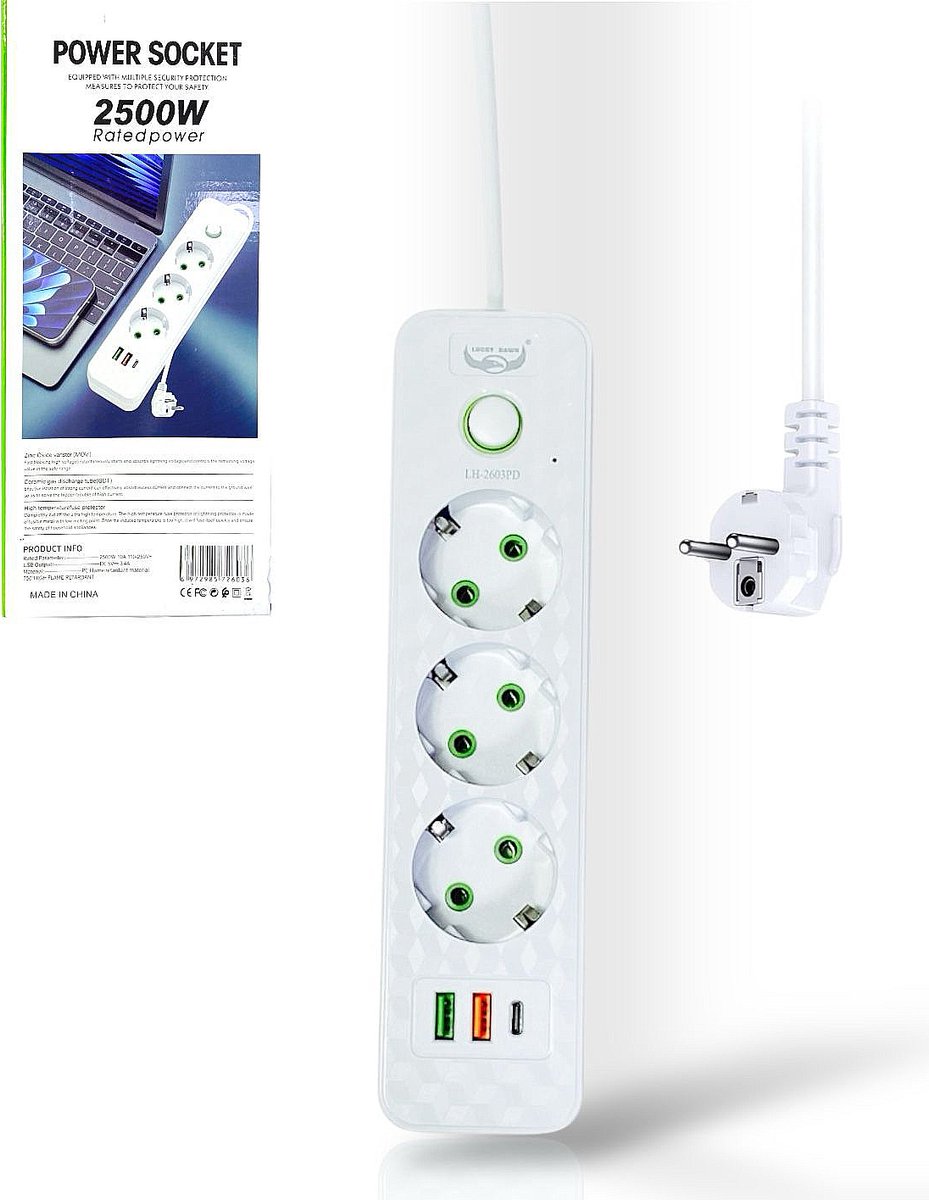Lucky Hawk - Stekkerdoos met 3 Stopcontacten, 2 USB-poorten + 1 USB-C - 2500W – 2 Meter – Wit – wandmontage - aan/uit schakelaar