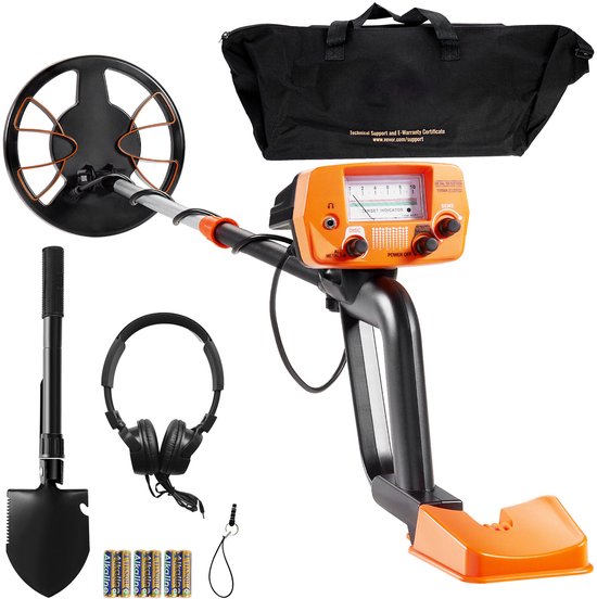 Metaaldetector set met schep, koptelefoon, batterijen en draagtas. Oranje en zwarte kleuren.