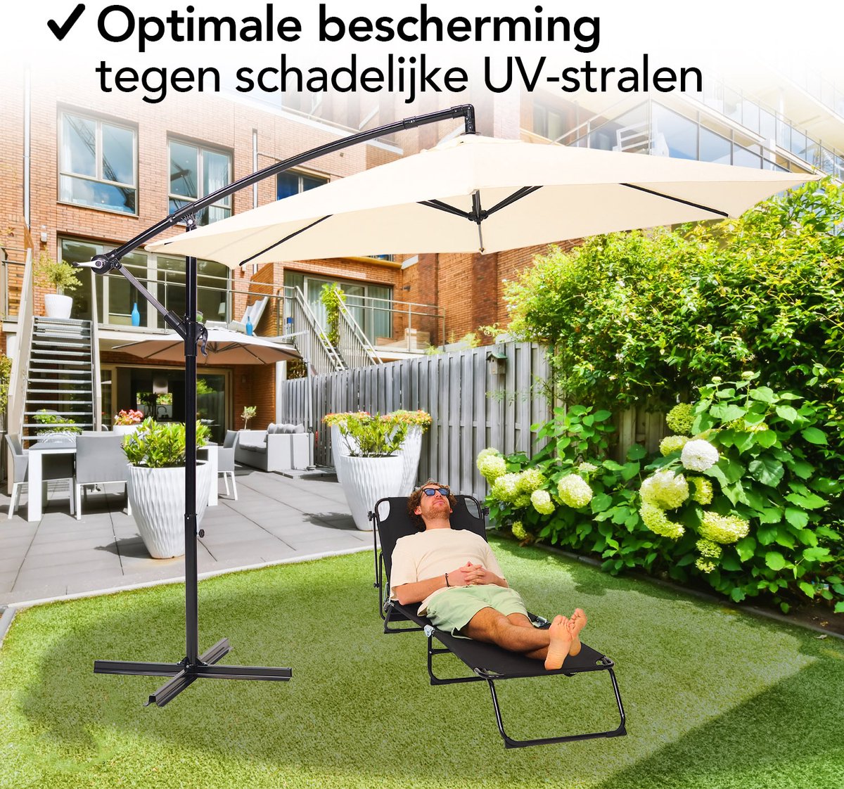 Brixy Zweefparasol - 300CM - Incl. Kruisvoet - Waterdicht - Verstelbare Hoogte - Creme – foto 7