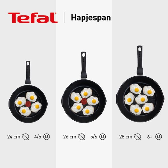 Drie Tefal hapjespannen met eieren en tomaten, in de maten 24, 26 en 28 cm.