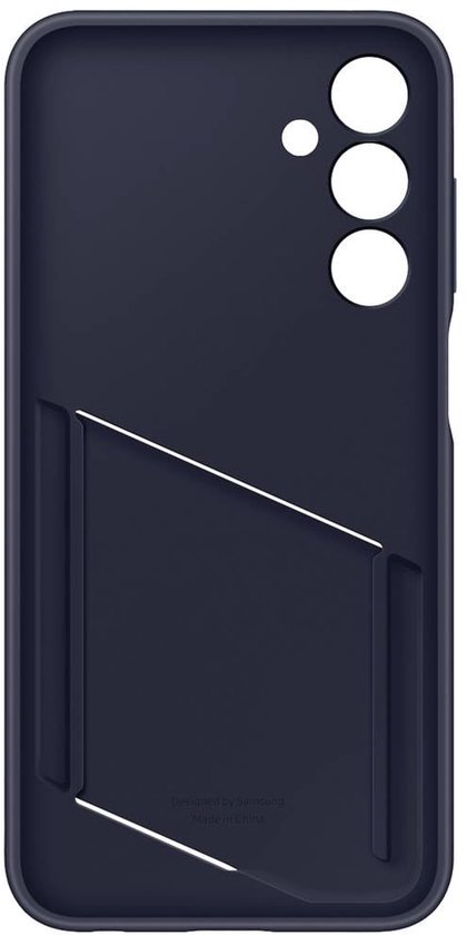 Binnenzijde van een donkerblauwe telefoonhoes met een diagonale groef en tekst.