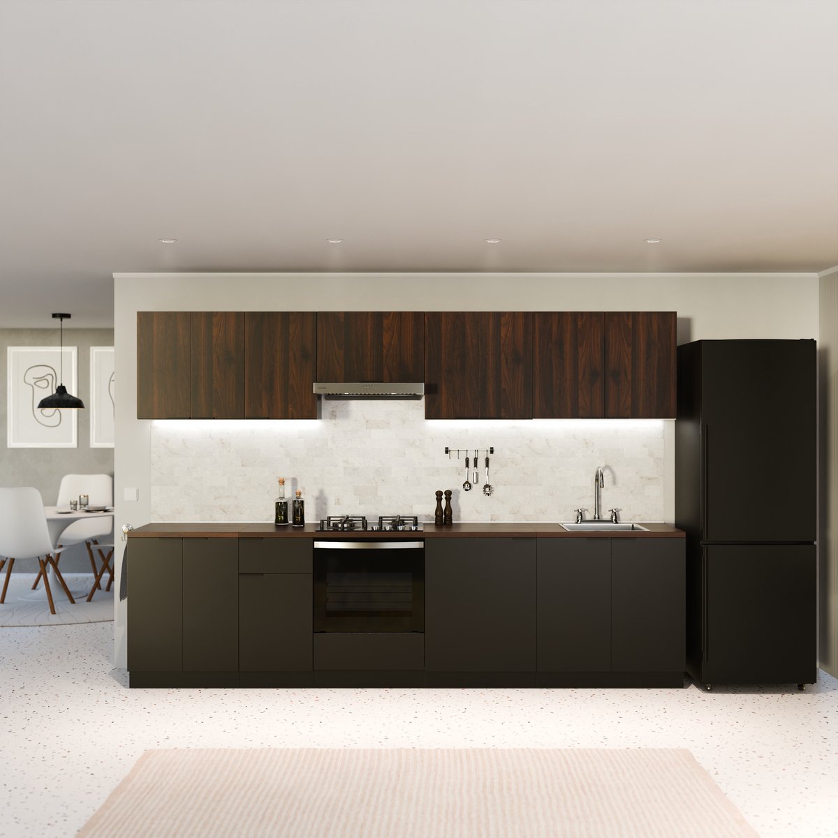 Blumfeldt Keukenkast – Hoge kast met 16 mm melamine coating, soft-close scharnieren, aluminium grepen, wandmontage, duurzaam hout, zwart-walnoot look