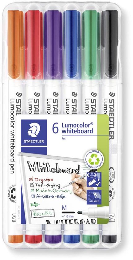 Set de 6 marqueurs blancs Staedtler Lumocolor dans les couleurs orange, rouge, violet, bleu, vert et noir.