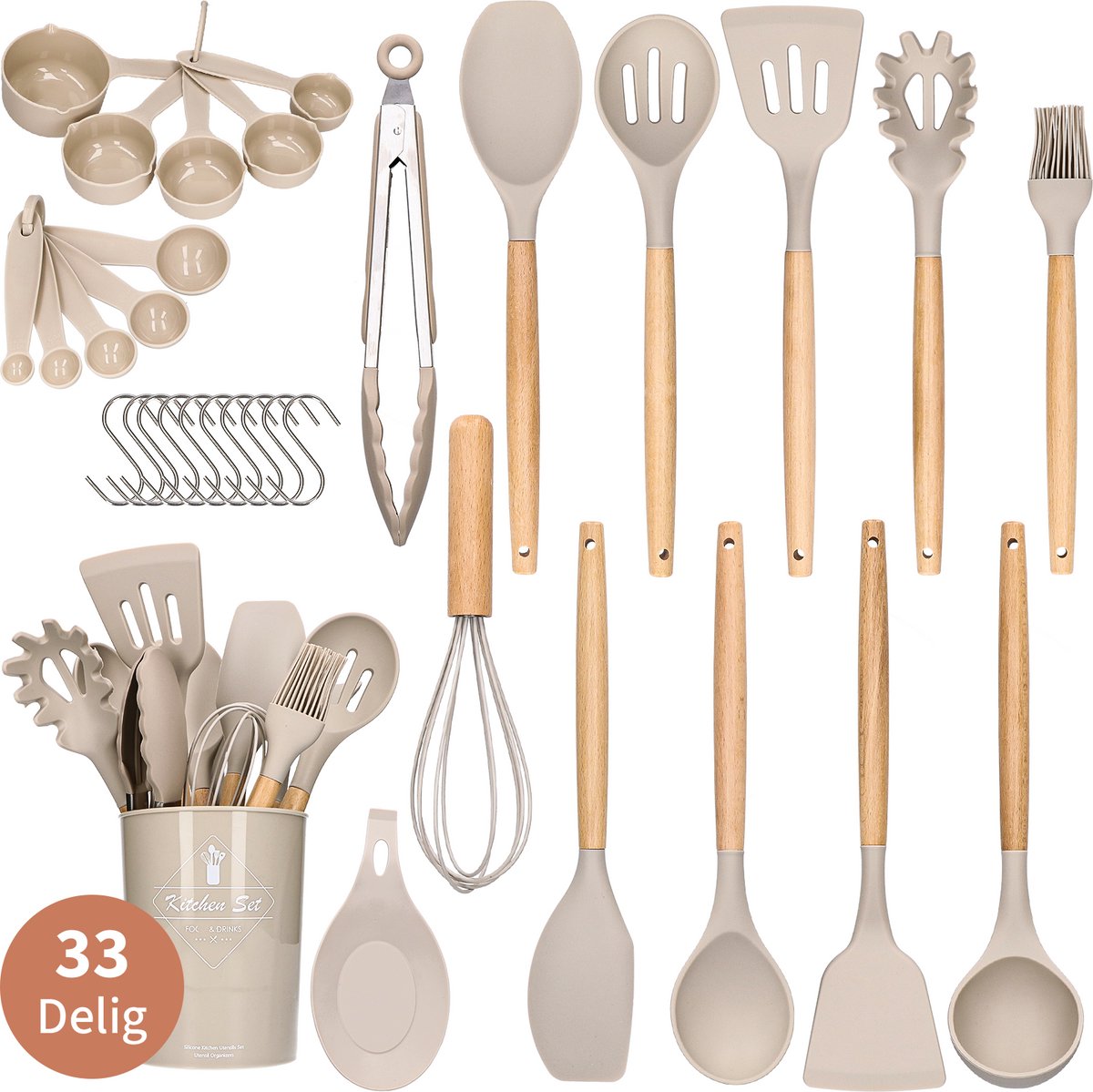 33-delige Keukengerei met Houder - Beige - BPA vrij & Hitte Bestendig - Keukenset - Kookgerei