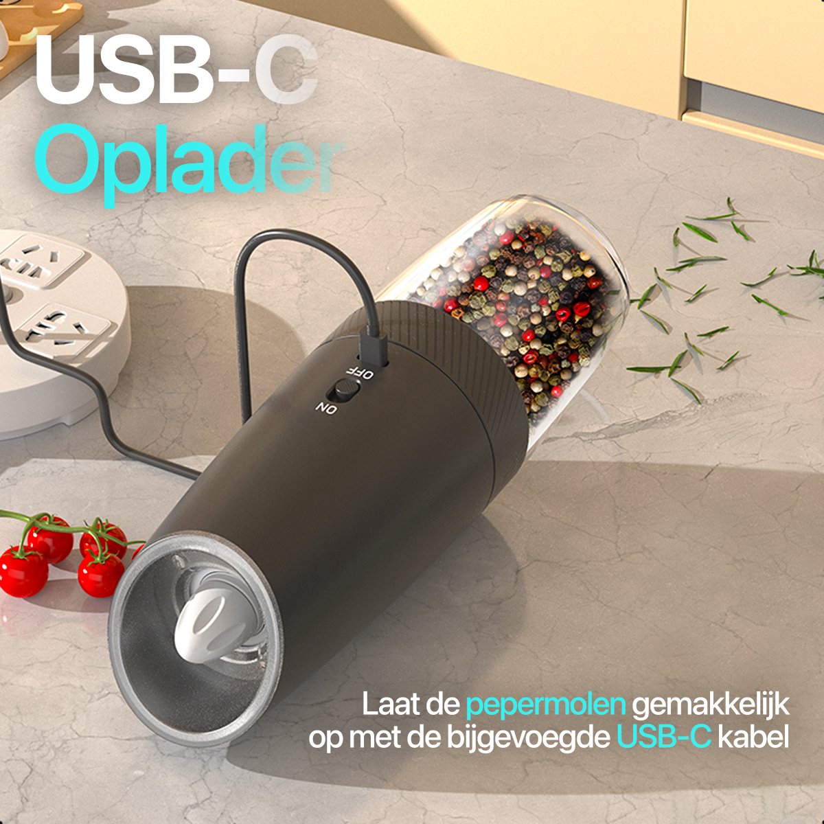 MATTI® - Elektrische Peper en Zoutmolen - Peper en Zoutmolen Set - Pepermolen - Zoutmolen - Automatisch Kantelmechanisme - Oplaadbaar — cadeau in Kookcadeaus - foto 7