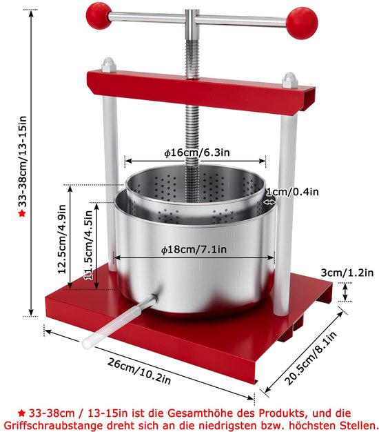 Aufun Fruitpers 3L Roestvrij Stalen Mand, Fruitpers Wijnpers 430 Staal, Persen Incl. Opvangpan Met Uitloopbuis (3L) van aufun — afbeelding 2