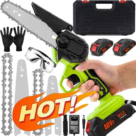 21V accu kettingzaag 4 en 6 inch met 2 accu's 2000 mAh - Mini kettingzaagset met krachtige en lichtgewicht takkenzaag voor tuin, hout en takken