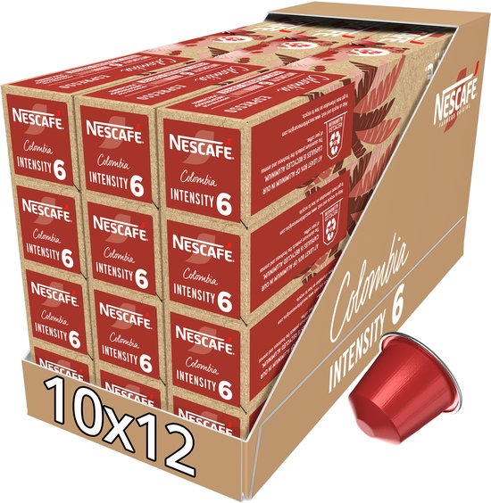 Doos met 120 Nescafé Colombia Espresso Intensity 6 capsules. Rode capsule zichtbaar.