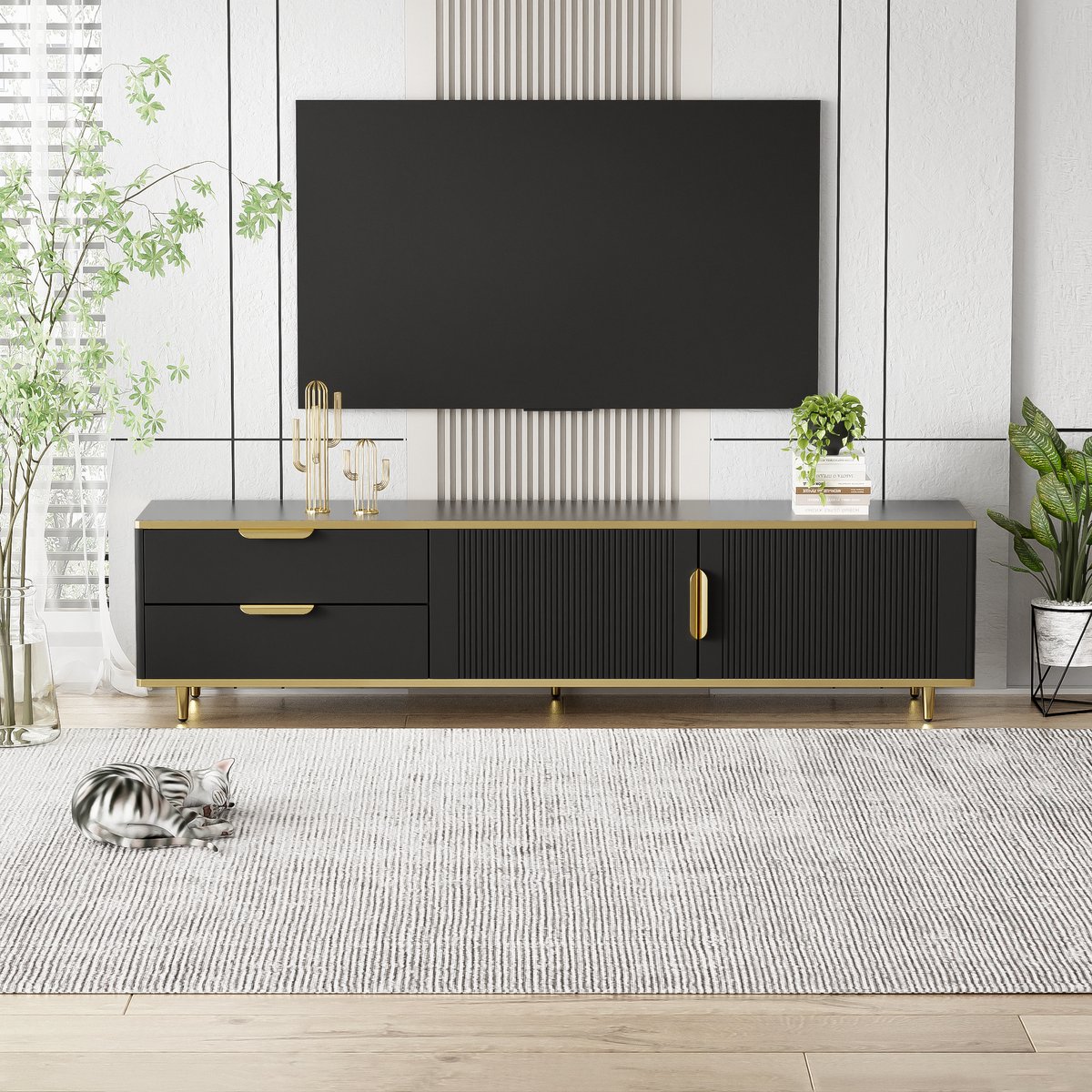Tv-meubel - gebeeldhouwd frame - gouden handvatten en poten - tv-meubel in de woonkamer - 175 x 40 x 45 cm