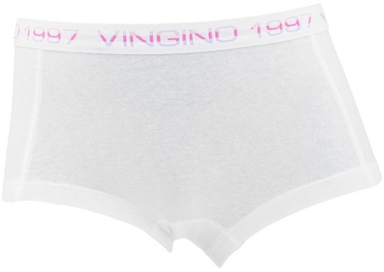 Witte boxer met roze en paarse 'VINGINO 1997' tekst op de elastische band.