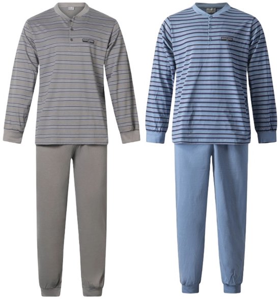 Gentlemen - 2 heren pyjama's 114237 - all season - knoophals - grijs en blauw - maat 3XL