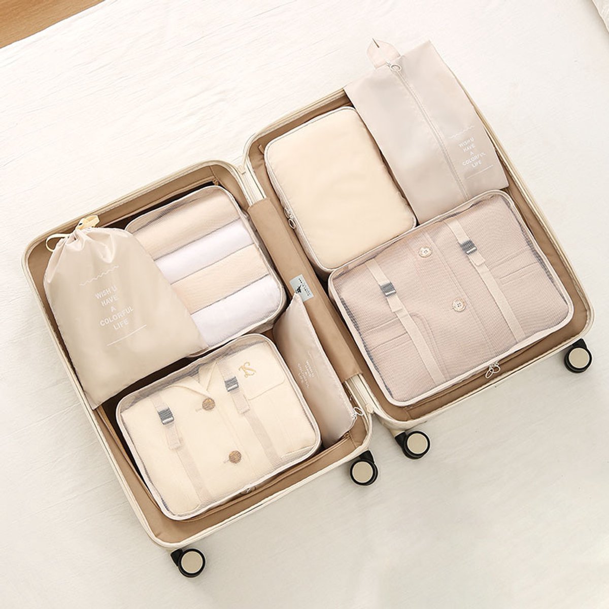 Joya Beauty® Packing Cubes Set | 7-delig Koffer Organizer Reisset | Beige | Lichtgewicht | Voor Kleding, Schoenen & Toiletartikelen | Ideaal voor Vakantie & Handbagage