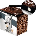 Doos met zilverkleurige espressomachine en afbeelding van koffiebonen.