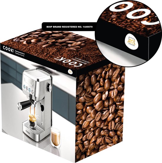 Doos met zilverkleurige espressomachine en afbeelding van koffiebonen.